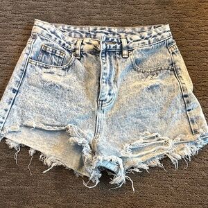 High-Waist Distressed Denim Shorts - Light Blue